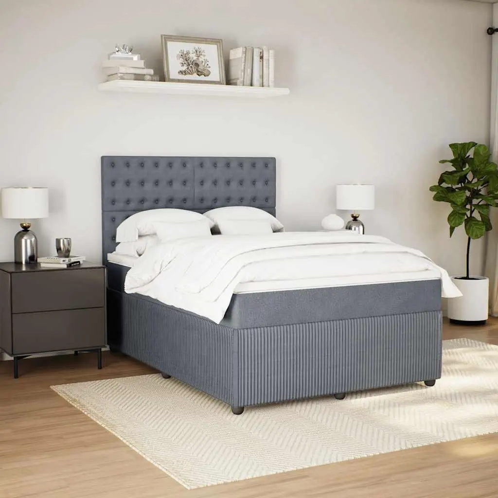 Queen Box Spring Bed Frame Dark Grey Velvet Pocket Spring Mattress with Topper and LED Headboard