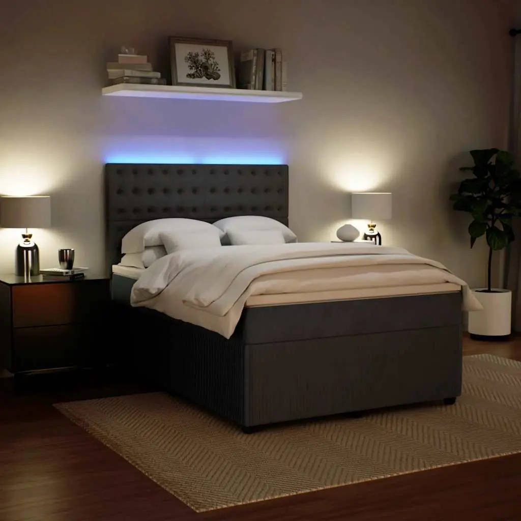 Queen Box Spring Bed Frame Dark Grey Velvet Pocket Spring Mattress with Topper and LED Headboard