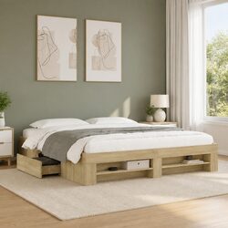Brown King Bed Frame with Storage Drawers