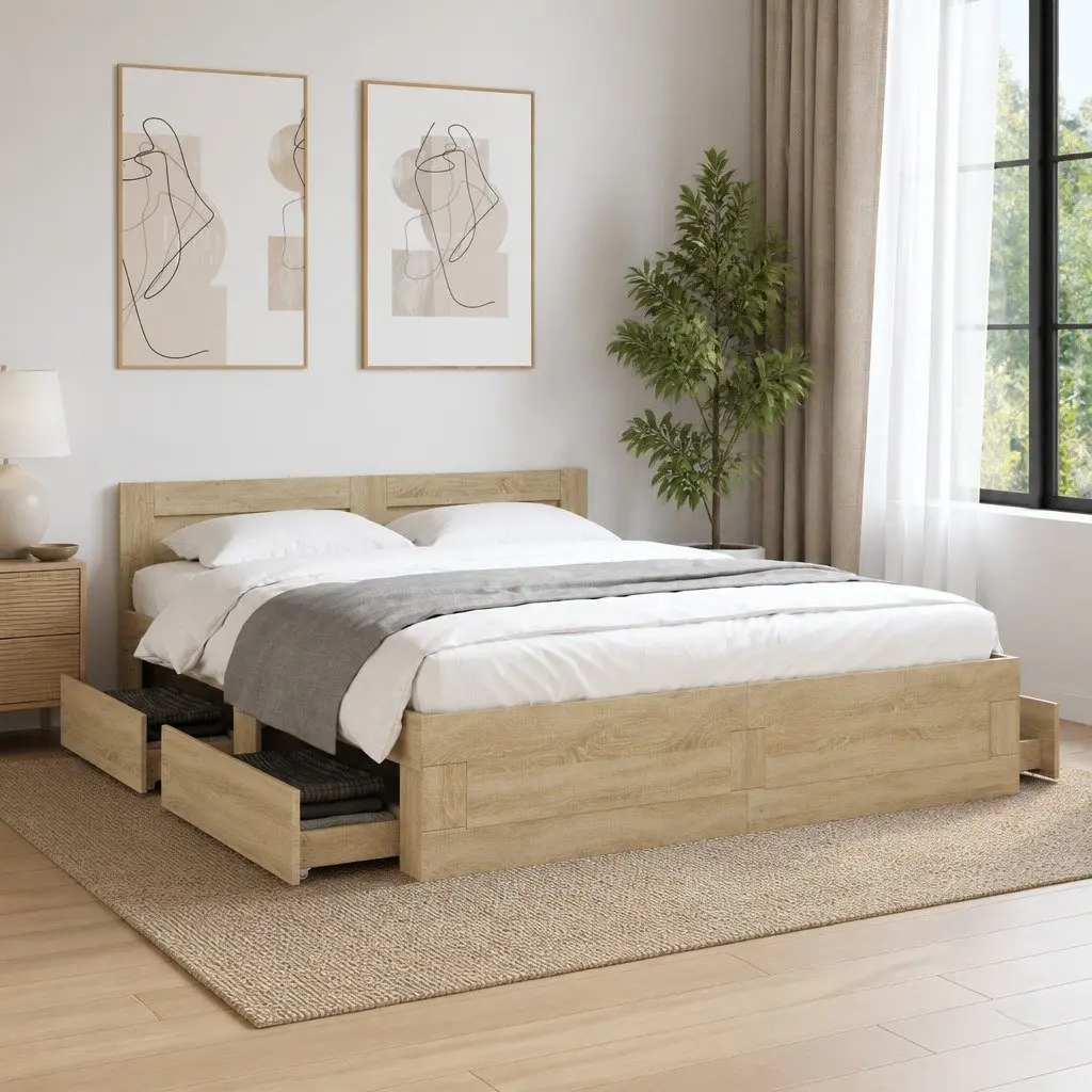 Bed Frame with Headboard Sonoma Oak 150x200 cm Engineered Wood Slatted Base Storage Drawers