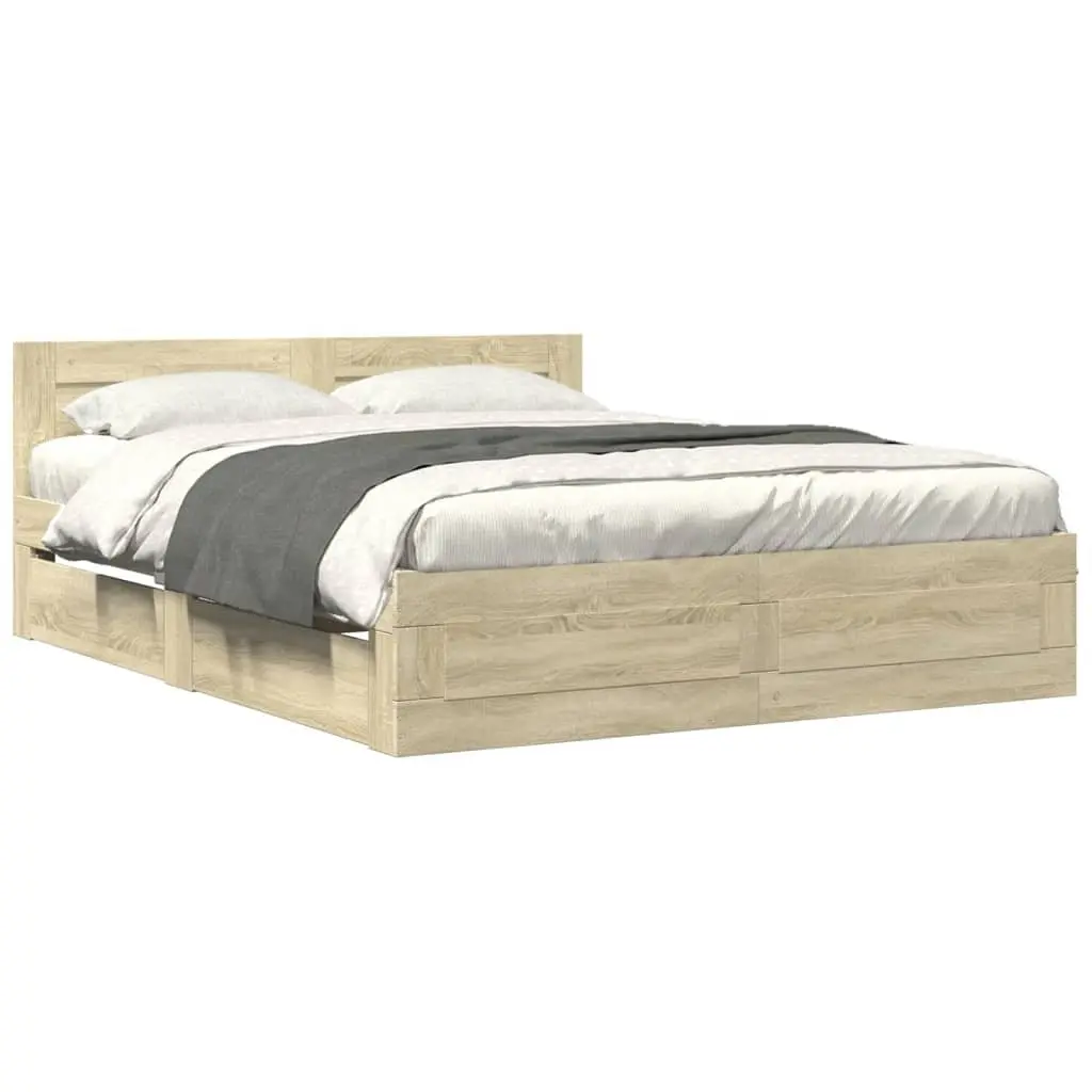 Bed Frame with Headboard Sonoma Oak 150x200 cm Engineered Wood Slatted Base Storage Drawers