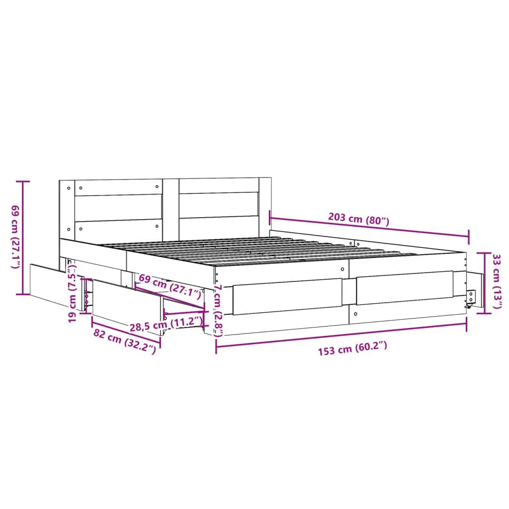 Bed Frame with Headboard Sonoma Oak 150x200 cm Engineered Wood Slatted Base Storage Drawers
