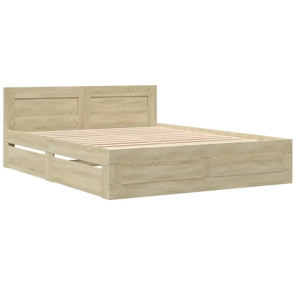 Bed Frame with Headboard Sonoma Oak 150x200 cm Engineered Wood Slatted Base Storage Drawers