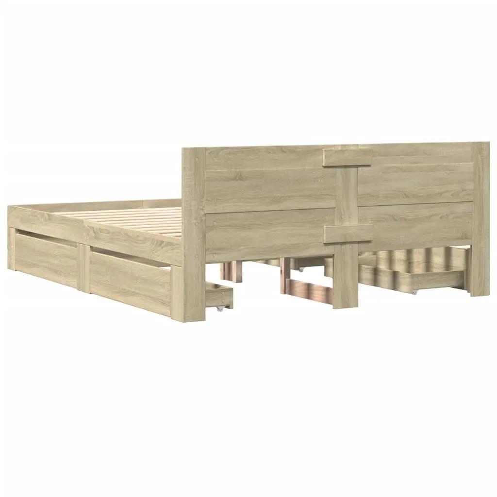 Bed Frame with Headboard Sonoma Oak 150x200 cm Engineered Wood Slatted Base Storage Drawers