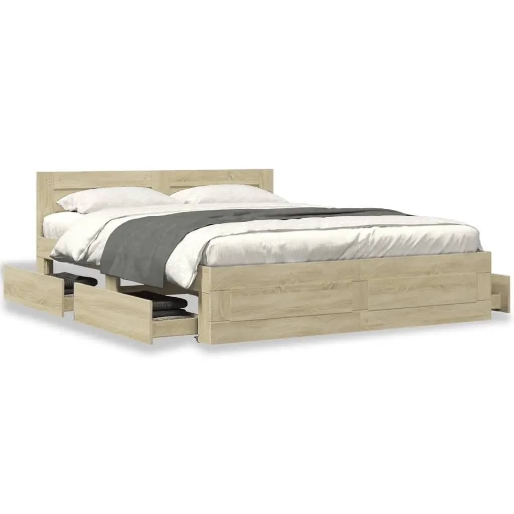 Bed Frame with Headboard Sonoma Oak 150x200 cm Engineered Wood Slatted Base Storage Drawers