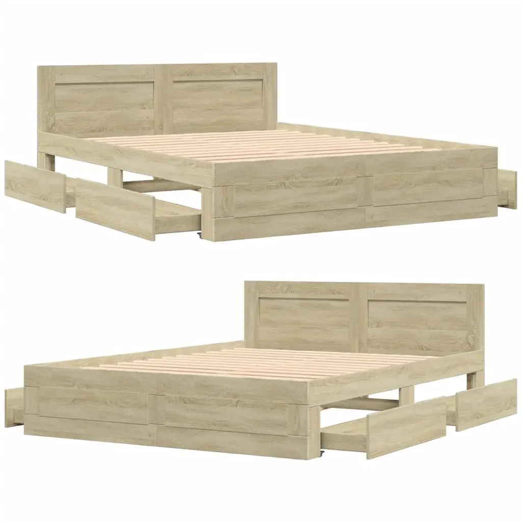 Bed Frame with Headboard Sonoma Oak 150x200 cm Engineered Wood Slatted Base Storage Drawers