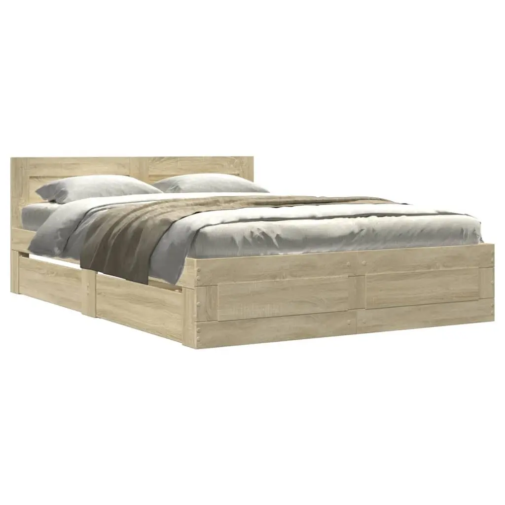Bed Frame with Headboard Sonoma Oak 135x190 cm Engineered Wood Slatted Base Storage Drawers