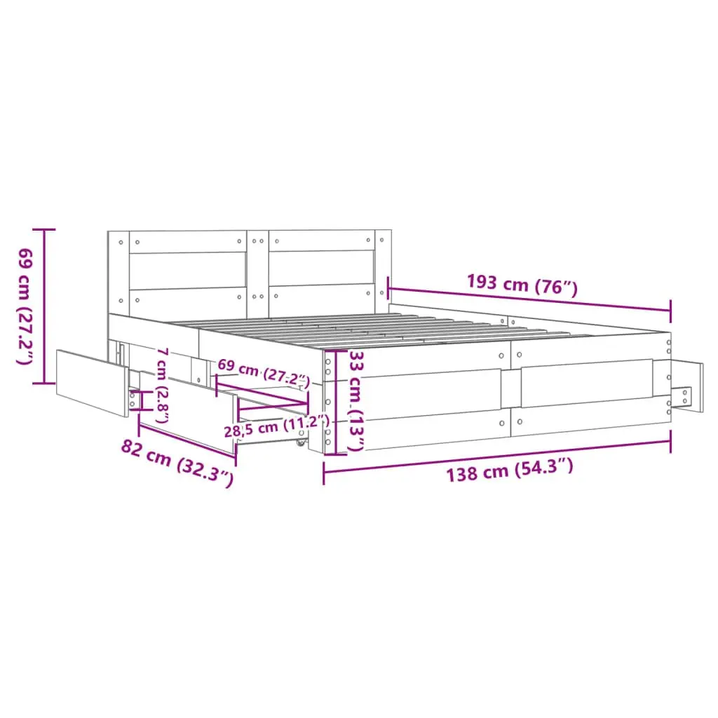 Bed Frame with Headboard Sonoma Oak 135x190 cm Engineered Wood Slatted Base Storage Drawers