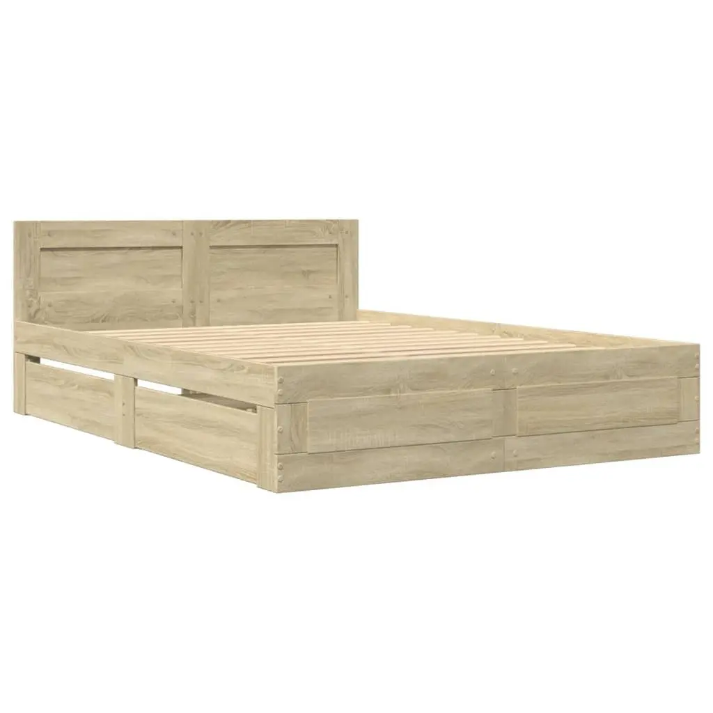 Bed Frame with Headboard Sonoma Oak 135x190 cm Engineered Wood Slatted Base Storage Drawers