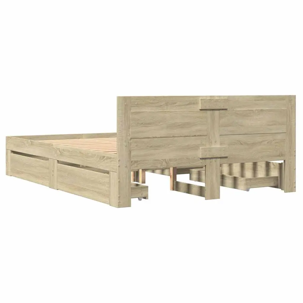 Bed Frame with Headboard Sonoma Oak 135x190 cm Engineered Wood Slatted Base Storage Drawers