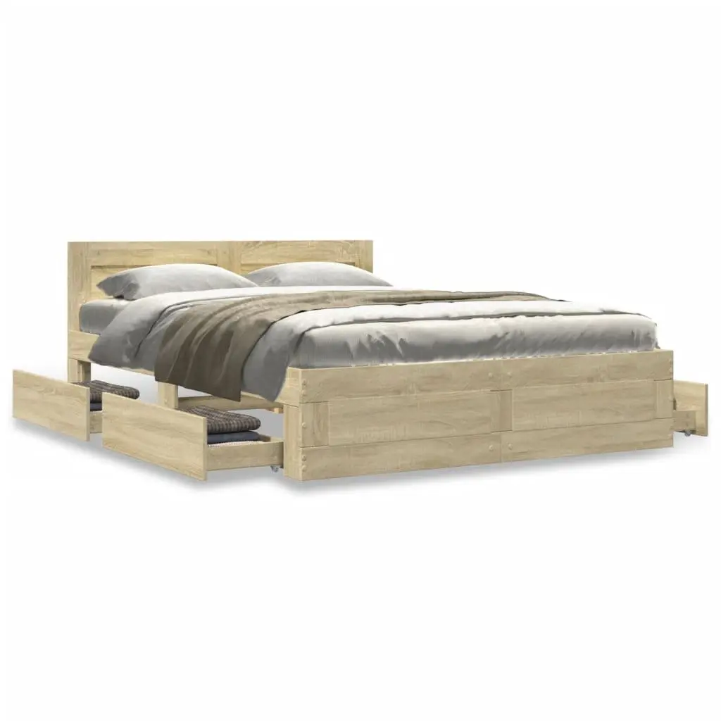 Bed Frame with Headboard Sonoma Oak 135x190 cm Engineered Wood Slatted Base Storage Drawers
