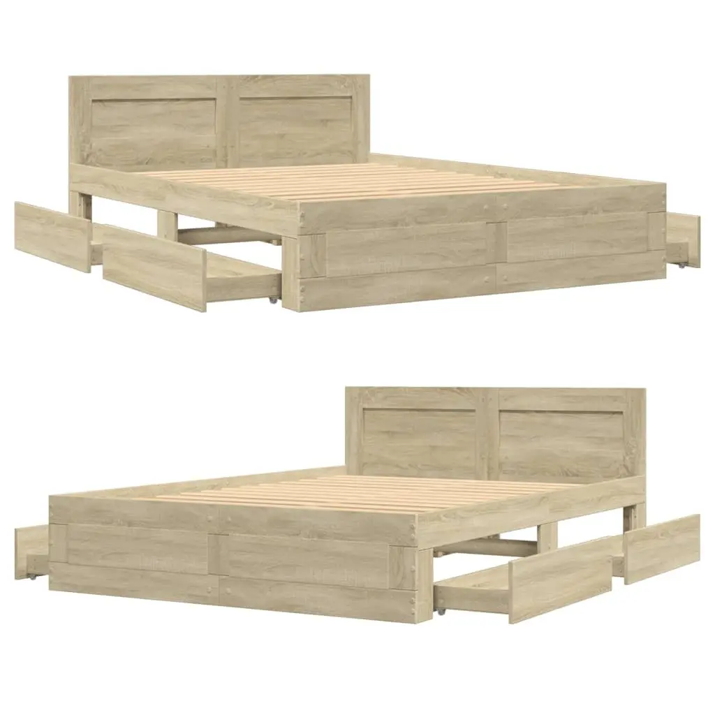 Bed Frame with Headboard Sonoma Oak 135x190 cm Engineered Wood Slatted Base Storage Drawers