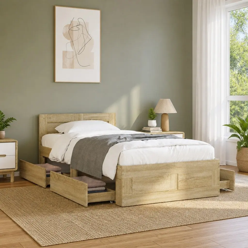 Bed Frame Brown Slatted Base Storage Drawers 90 x 190 cm Engineered Wood