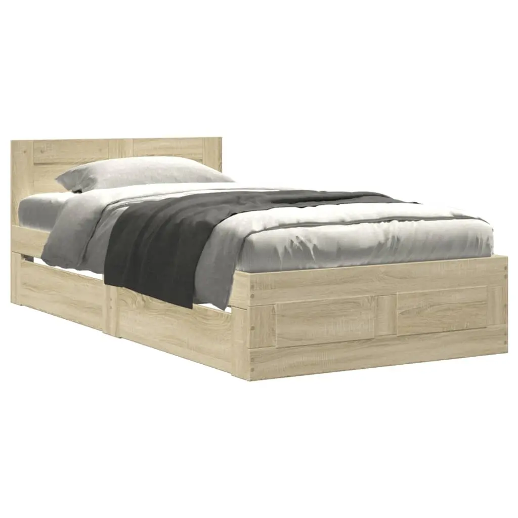Bed Frame Brown Slatted Base Storage Drawers 90 x 190 cm Engineered Wood