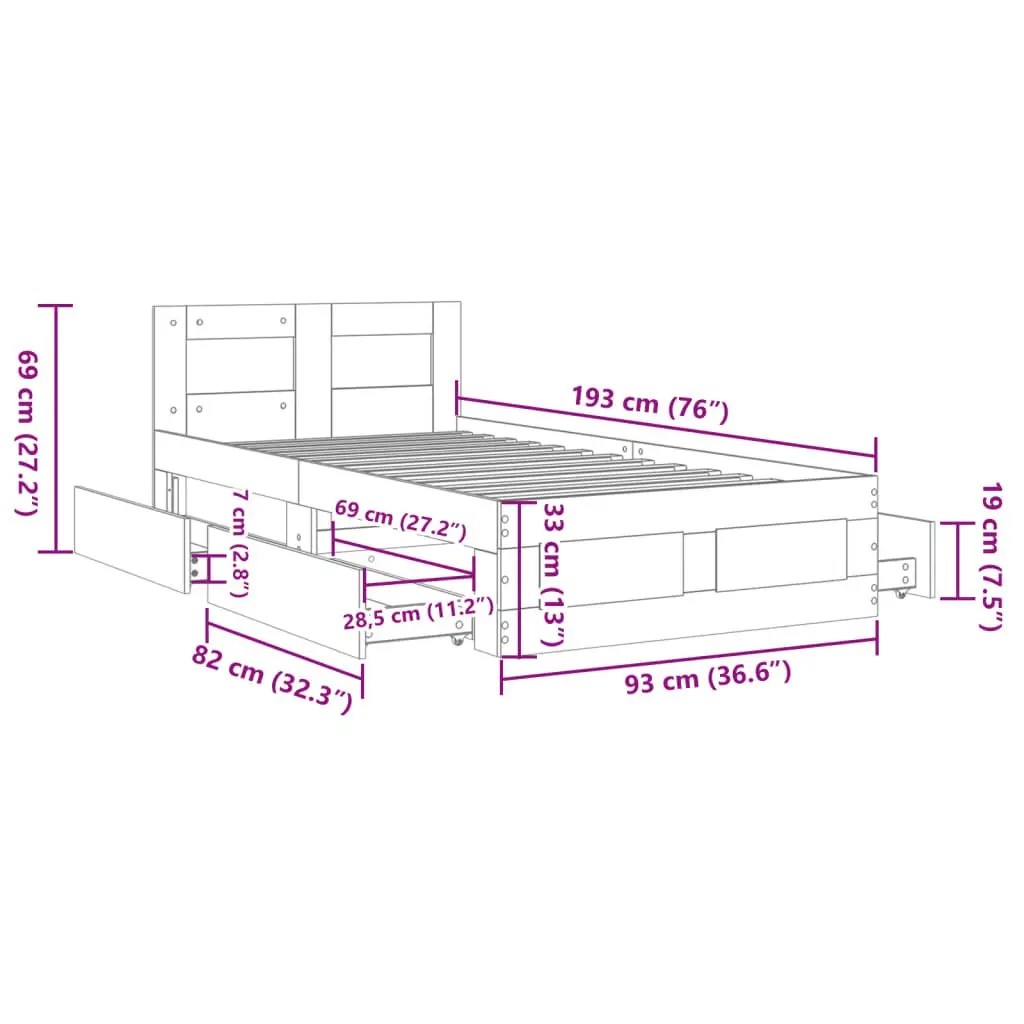 Bed Frame Brown Slatted Base Storage Drawers 90 x 190 cm Engineered Wood