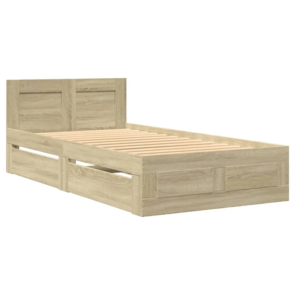 Bed Frame Brown Slatted Base Storage Drawers 90 x 190 cm Engineered Wood