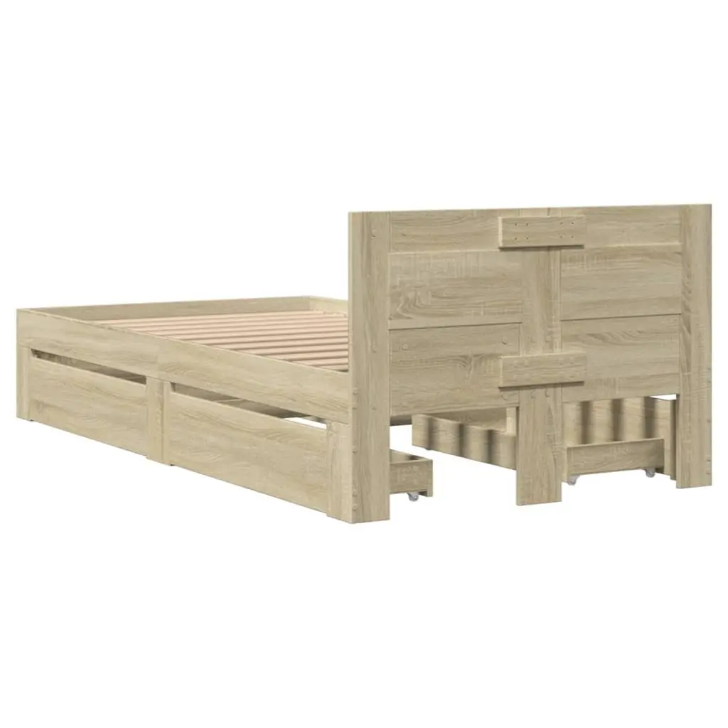 Bed Frame Brown Slatted Base Storage Drawers 90 x 190 cm Engineered Wood