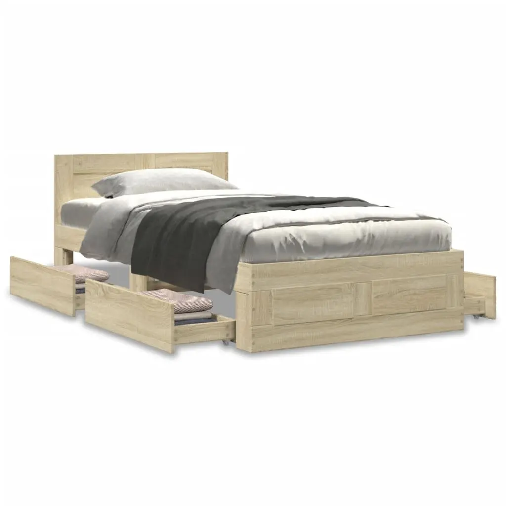 Bed Frame Brown Slatted Base Storage Drawers 90 x 190 cm Engineered Wood