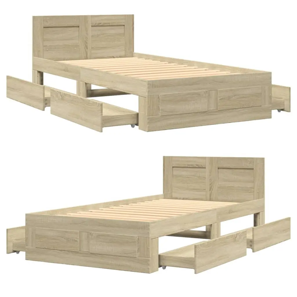 Bed Frame Brown Slatted Base Storage Drawers 90 x 190 cm Engineered Wood