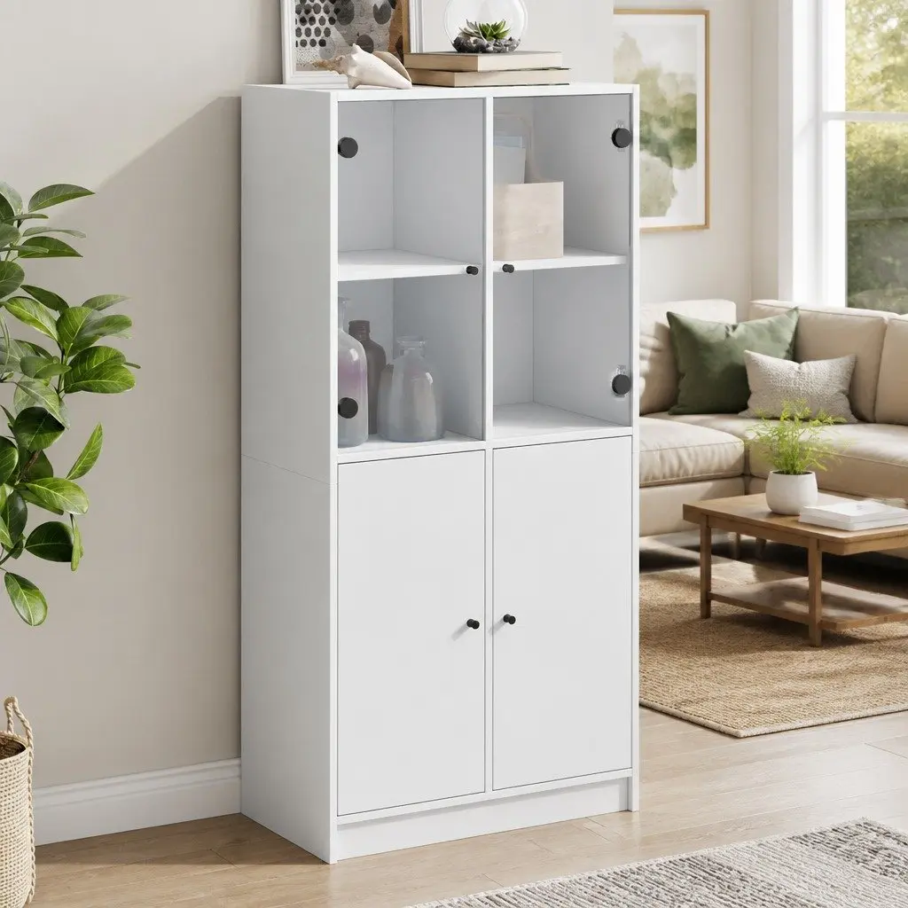 Highboard Storage Cabinet White Engineered Wood 68x37x142cm with Doors
