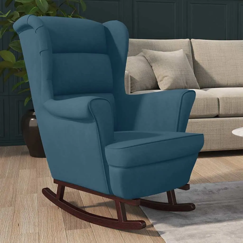 Rocking Chair Wingback Soft Velvet Upholstery Blue Padded Foam Solid Wood Legs