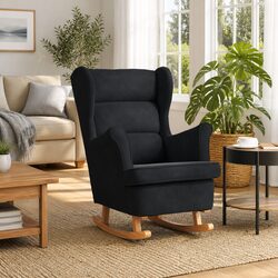 Cozy Black Velvet Wingback Rocking Chair with Wood Legs