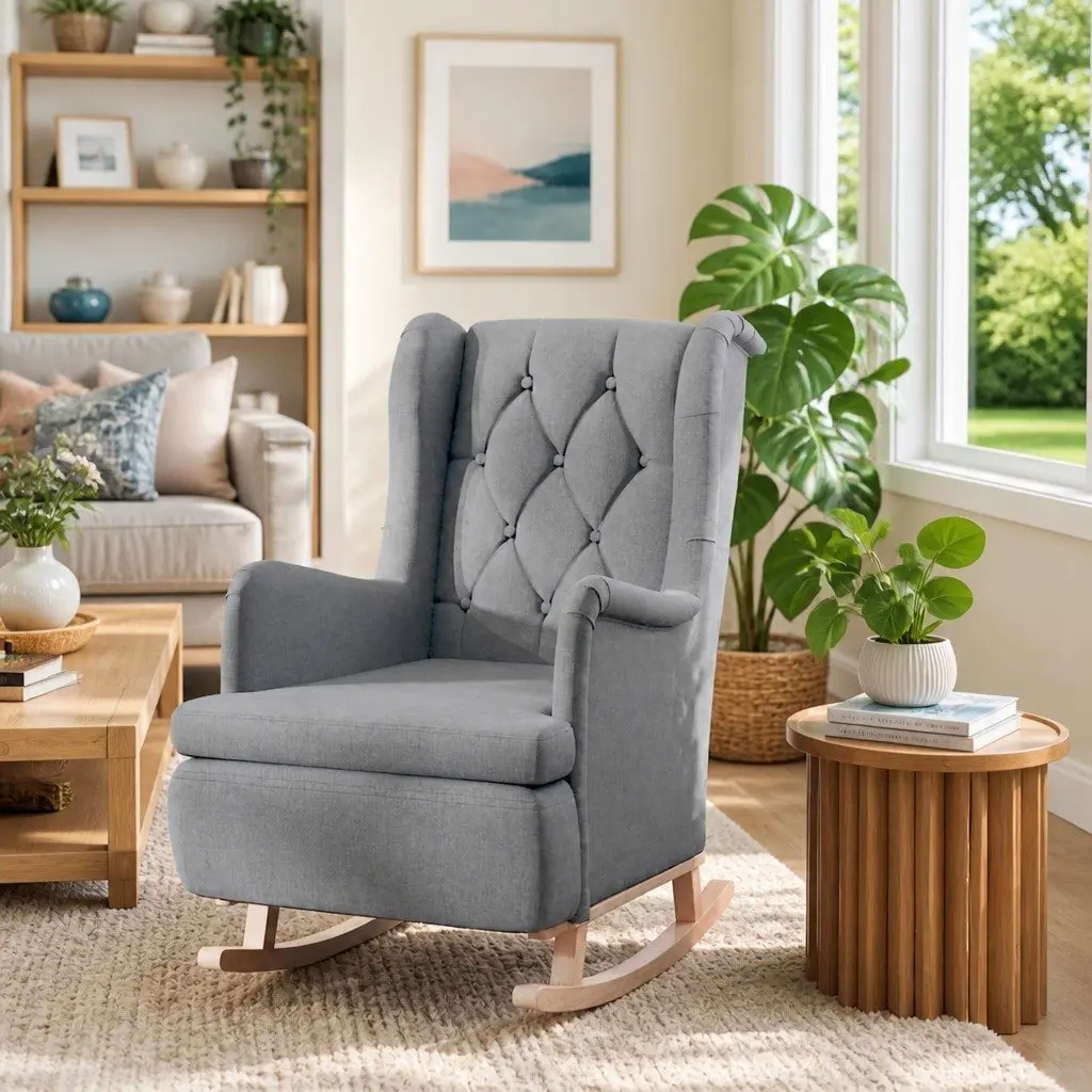 Grey Upholstered Rocking Armchair for Living Room