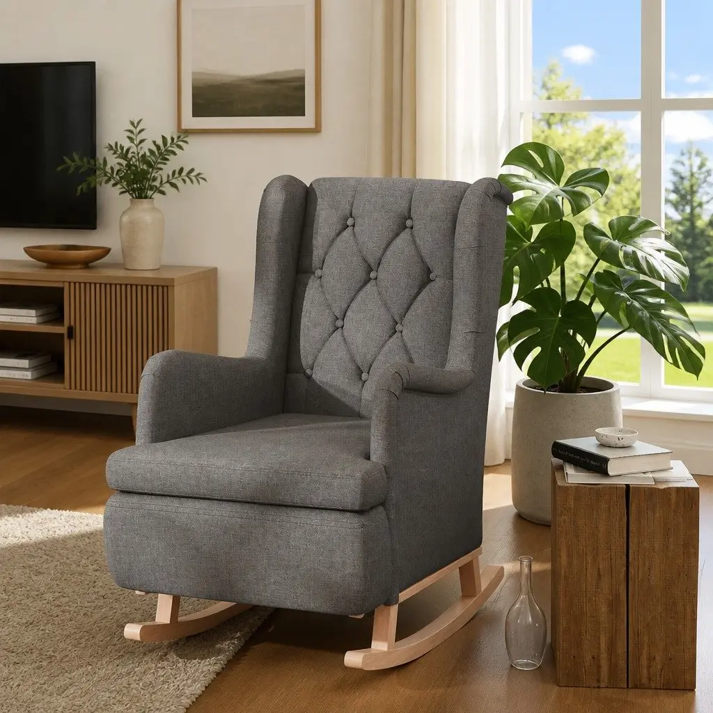 Grey Fabric Armchair with Rocking Legs for Living Rooms