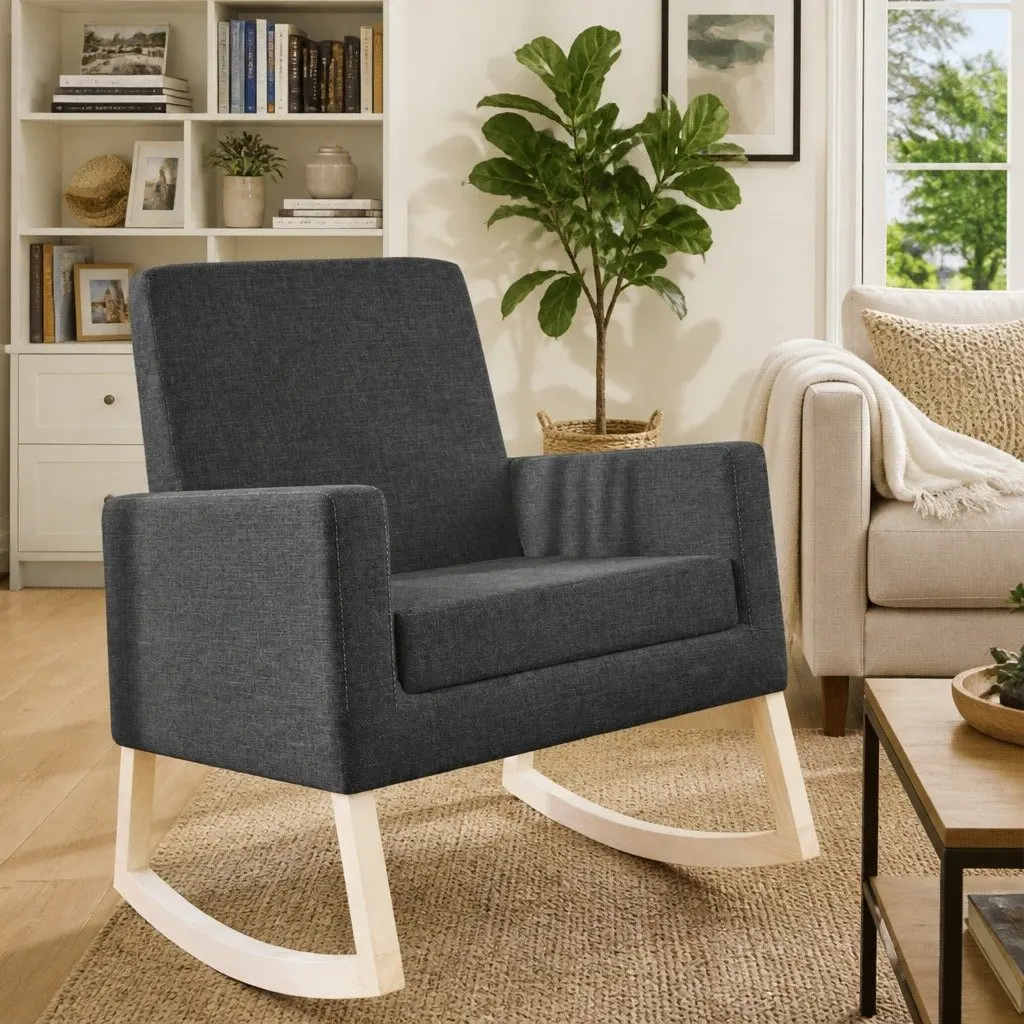Grey Fabric Rocking Chair with Wooden Armrests
