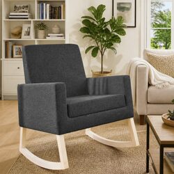 Grey Fabric Rocking Chair with Wooden Armrests