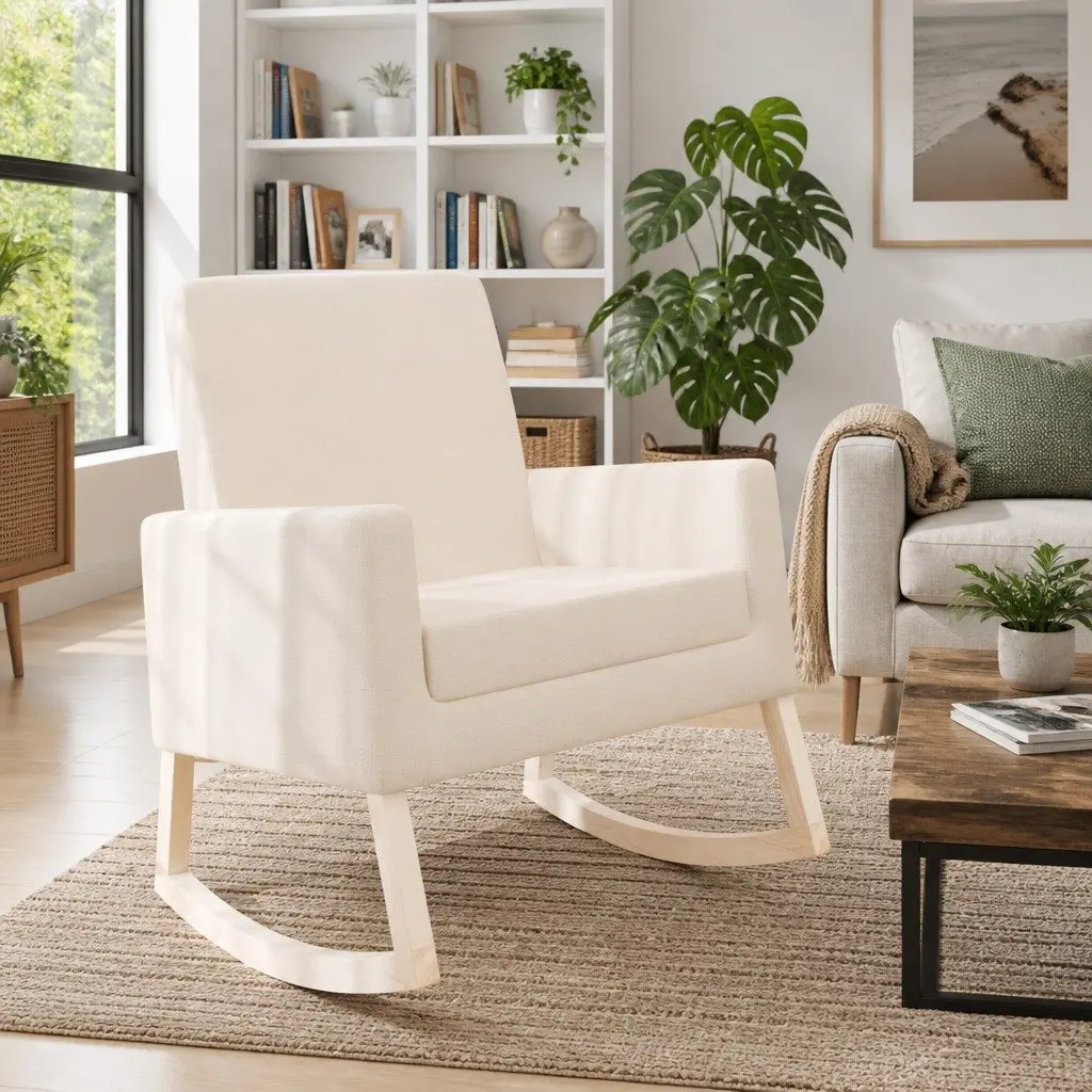 Cream Fabric Upholstered Rocking Chair with Wooden Frame