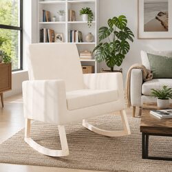 Cream Fabric Upholstered Rocking Chair with Wooden Frame