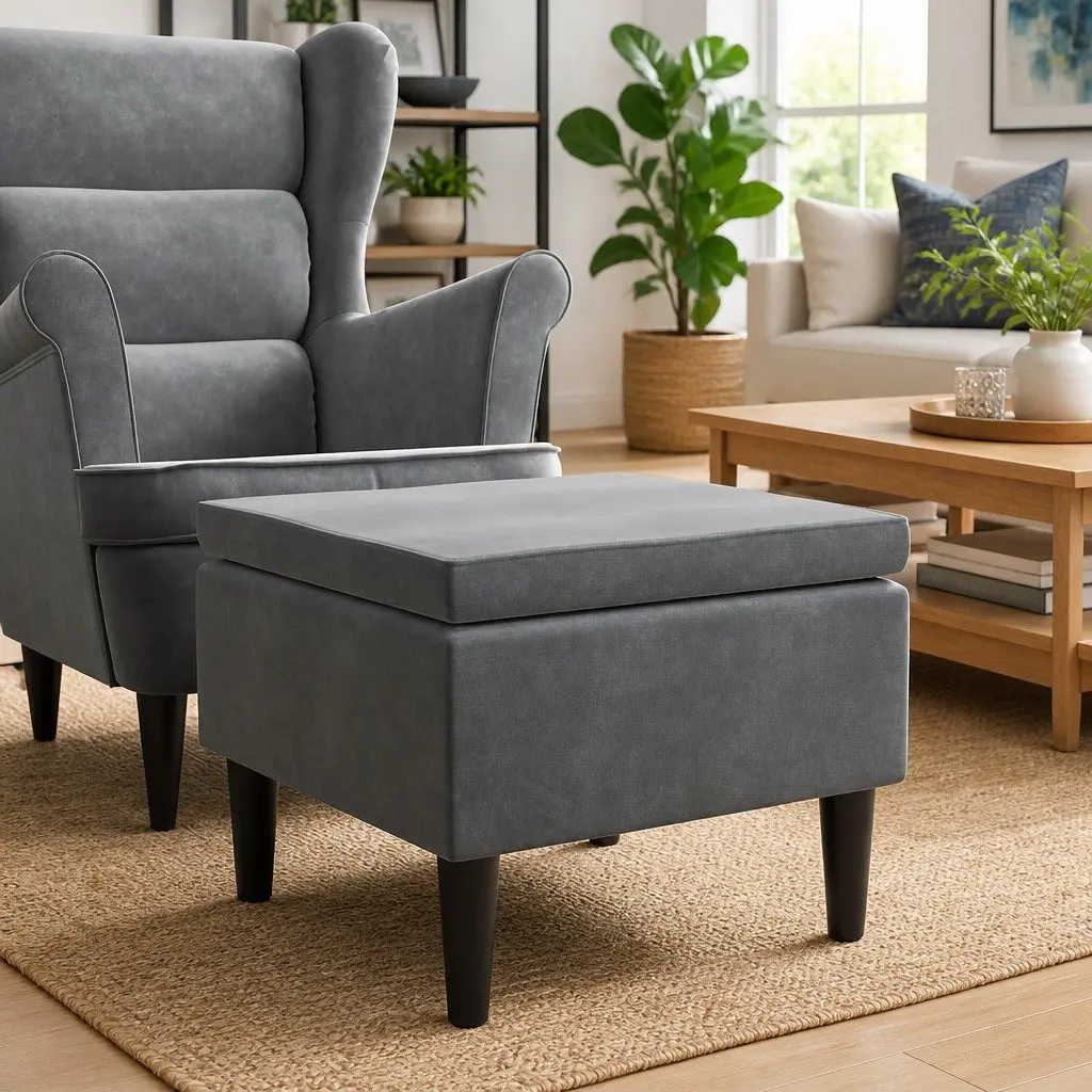 Dark Grey Velvet Ottoman with Wooden Legs and Soft Padding