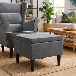 Dark Grey Velvet Ottoman with Wooden Legs and Soft Padding