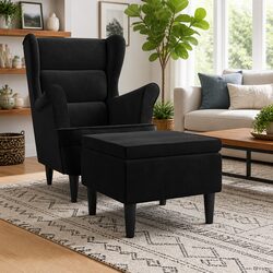 Elegant Black Velvet Stool with Wooden Legs