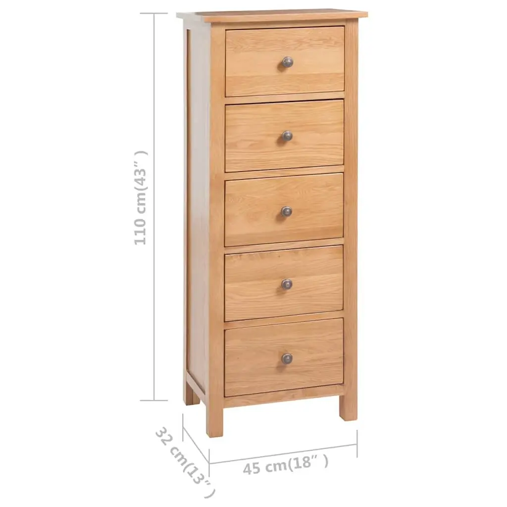 Tall Chest of Drawers Solid Oak Wood 45x32x110 cm 5 Drawer Storage Cabinet