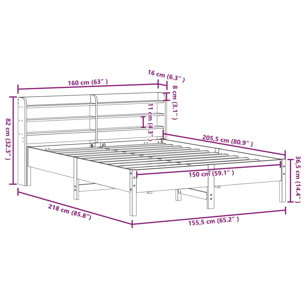 Bed Frame 150x200cm Solid Wood Pine Slatted Base Headboard Storage Shelves