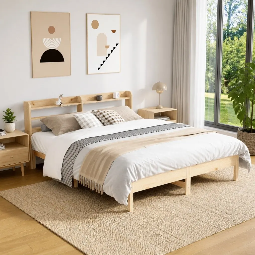 Solid Wood Pine Bed Frame Brown 135x190cm Slatted Base Headboard Storage Shelves