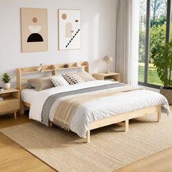Pinewood Bed Frame with Headboard and Storage Shelves