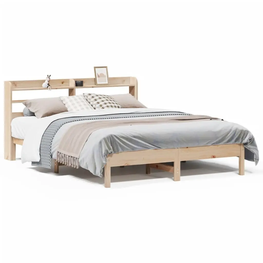 Solid Wood Pine Bed Frame Brown 135x190cm Slatted Base Headboard Storage Shelves