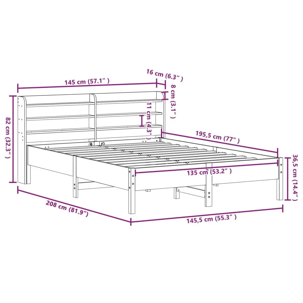Solid Wood Pine Bed Frame Brown 135x190cm Slatted Base Headboard Storage Shelves