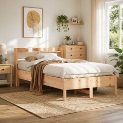 Rustic Solid Pine Bed Frame with Storage Shelves 90x190 cm