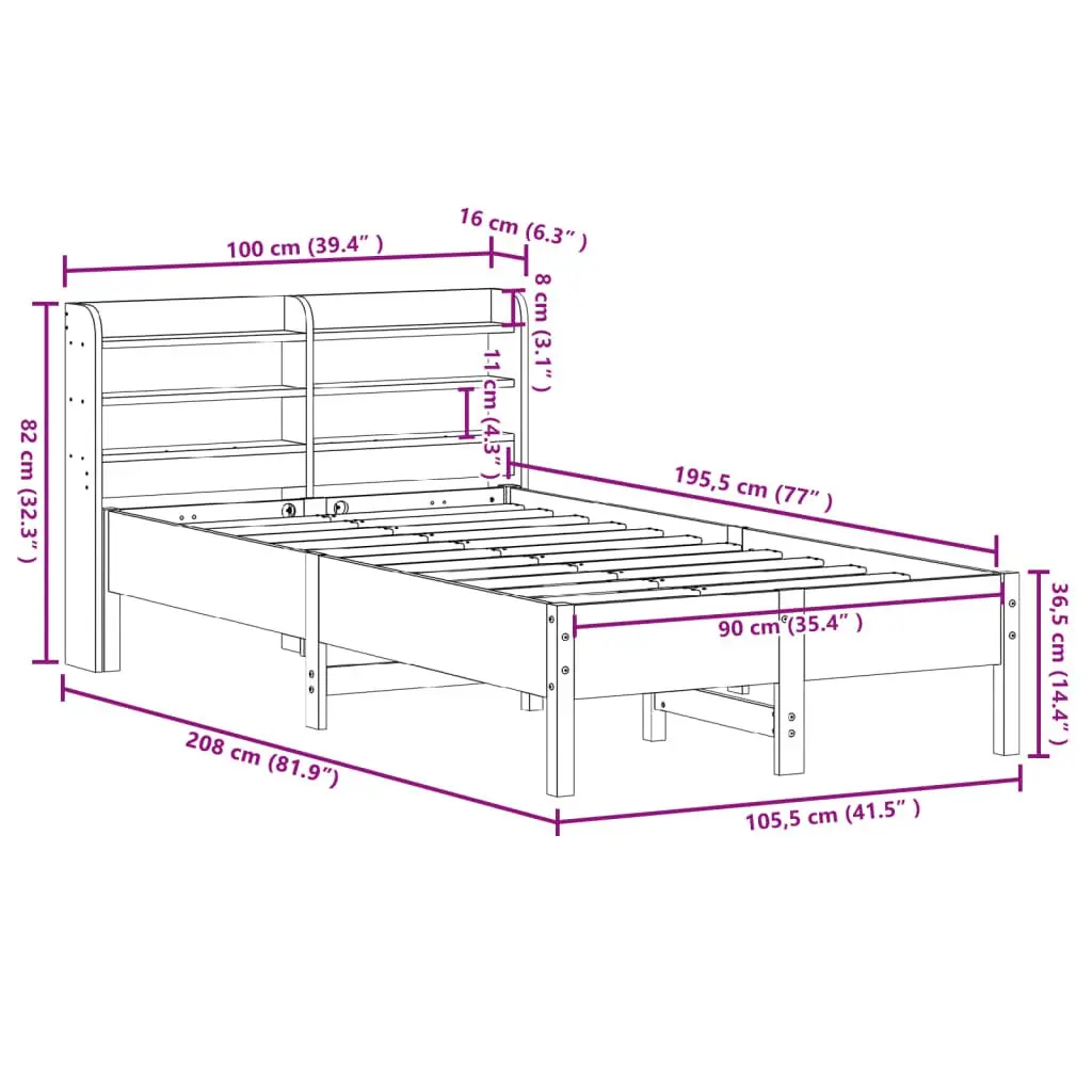 Solid Wood Pine Bed Frame 90x190 cm Slatted Base Headboard Storage Shelves