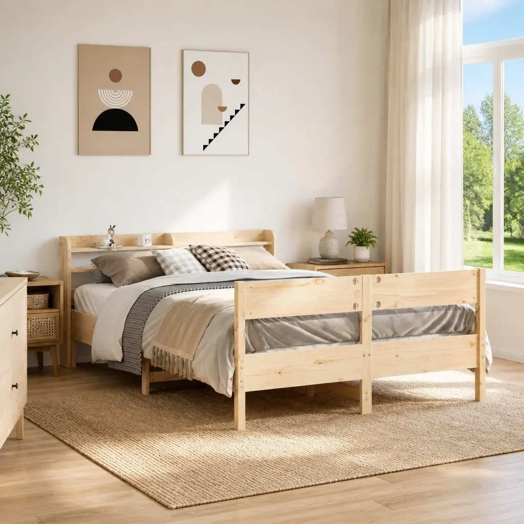Bed Frame Solid Pine Wood 150x200cm Slatted Base Headboard with Storage Shelves