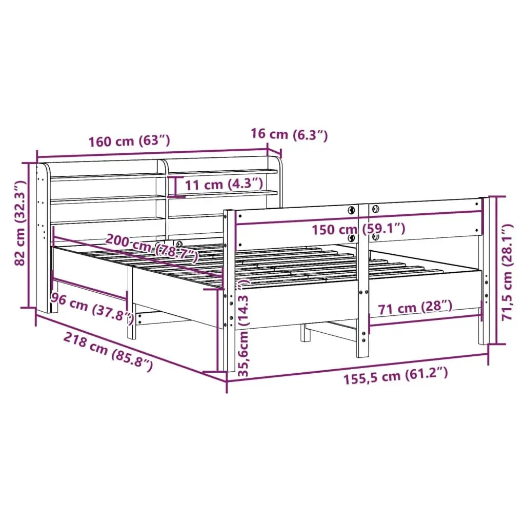 Bed Frame Solid Pine Wood 150x200cm Slatted Base Headboard with Storage Shelves