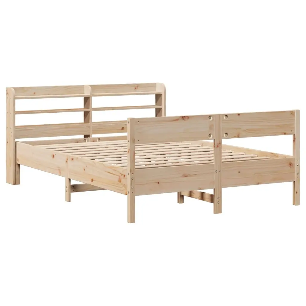 Bed Frame Solid Pine Wood 150x200cm Slatted Base Headboard with Storage Shelves