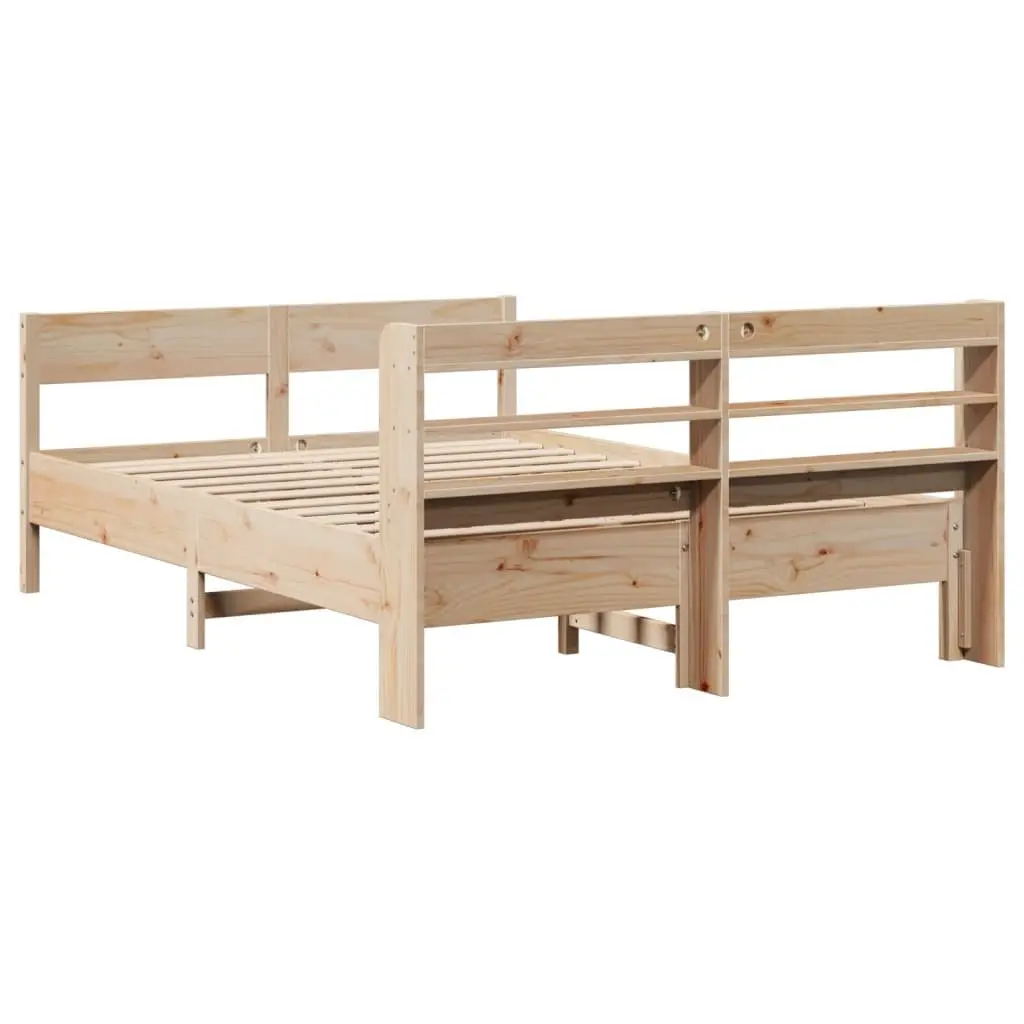 Bed Frame Solid Pine Wood 150x200cm Slatted Base Headboard with Storage Shelves