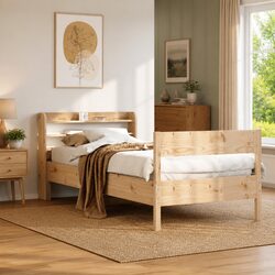 Solid Pine Wood Bed Frame with Storage Shelves 90x190 cm