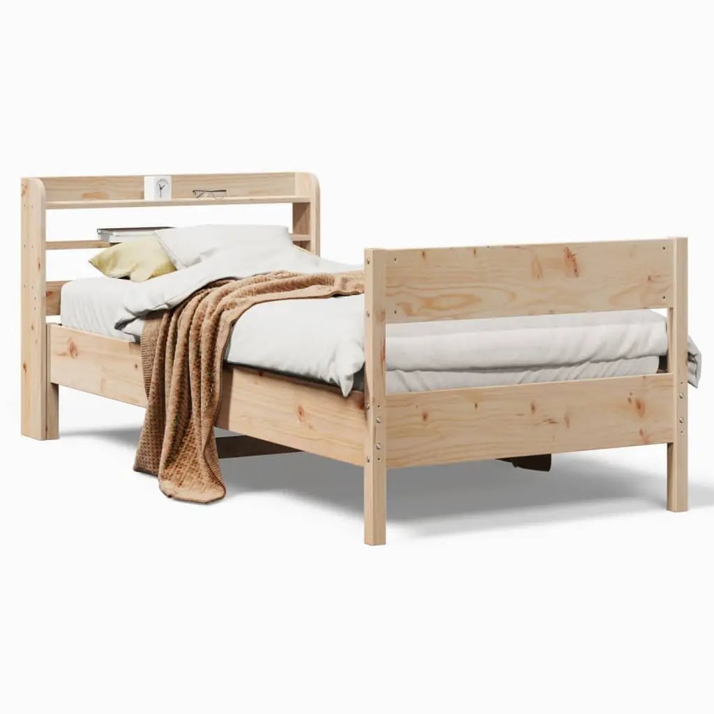 Bed Frame Solid Pine Wood 90x190 cm Slatted Base Headboard with Storage Shelves