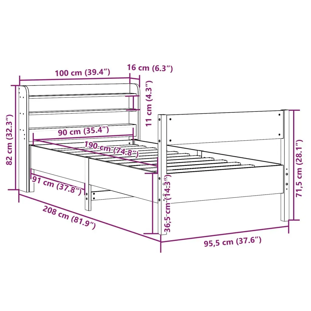 Bed Frame Solid Pine Wood 90x190 cm Slatted Base Headboard with Storage Shelves